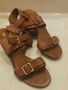Isola Cognac Leather Buckle Wedge Sandals